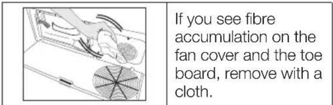 If you see fibre accumulation on the fan cover and the toe board, remove with a cloth.