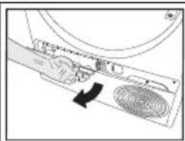 Diagram of a device's internal structure showing a hand interacting with a panel, with a black arrow indicating rotation (no text or symbols present)