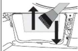 Diagram of a vehicle's side panel showing a brush and arrow indicating movement or force (no text or symbols present)