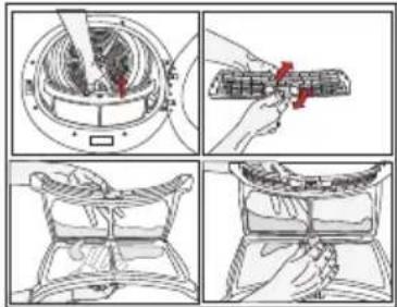 Technical diagram showing four steps of a mechanical assembly or cleaning procedure, including top-down view and side-view views.