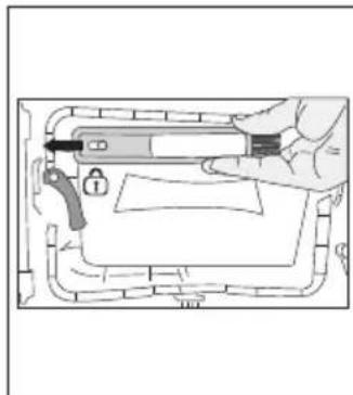 Diagram of a hand holding a device inside a device casing, showing internal components and a lock mechanism (no text or symbols)