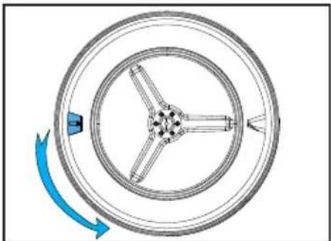Diagram of a circular mechanical component with radial arms and a blue curved arrow indicating rotation (no text or symbols)