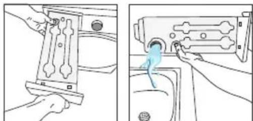 Two technical line drawings showing a hand operating a mechanical component and a close-up of a hand pressing a button (no text or symbols present)