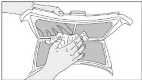 Illustration of hands cleaning a mechanical component (no text or symbols)