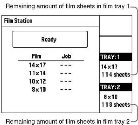 Remaining amount of film sheets in film tray 1 Film Station Ready Film Job 14×17 --- 11×14 --- 10×12 --- 8×10 --- TRAY: 1 14×17 114 sheets TRAY: 2 8×10 118 sheets Remaining amount of film sheets in film tray 2