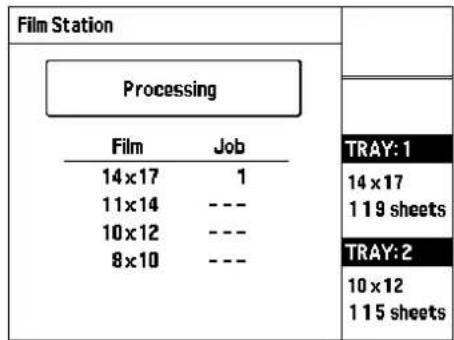 Film Station Processing Film Job 14 x 17 1 11 x 14 --- 10 x 12 --- 8 x 10 --- TRAY: 1 14 x 17 119 sheets TRAY: 2 10 x 12 115 sheets