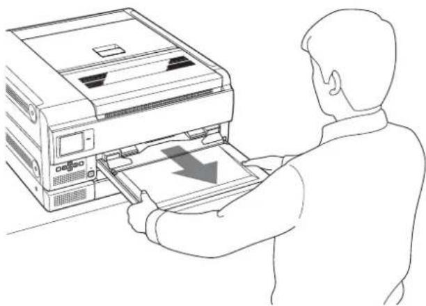 Line drawing of a person using a printer to press a document (no text or symbols visible)