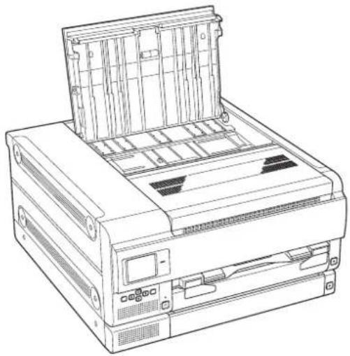 Line drawing of a printer with a paper holder and control panel (no text or symbols)