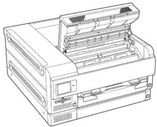 Line drawing of a printer with front panel and control panel (no text or symbols)