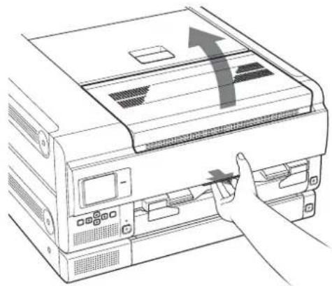 Line drawing of a printer with an arrow indicating paper movement (no text or symbols present)