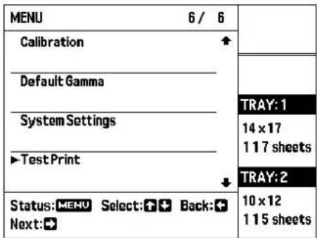 MENU 6 / 6 Calibration Default Gamma System Settings ▶TestPrint Status: MENU Select: 📁️ Back: ➕ Next: ➕ TRAY: 1 14 x 17 1 17 sheets TRAY: 2 10 x 12 1 15 sheets