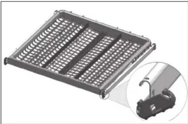3D rendering of a rectangular metal tray with grid patterns, accompanied by an inset close-up of a mechanical component (no text or symbols visible)