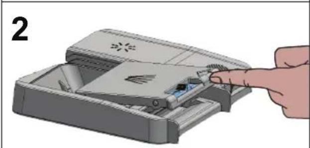 Illustration of a hand inserting a device into a plastic tray (no text or symbols visible)