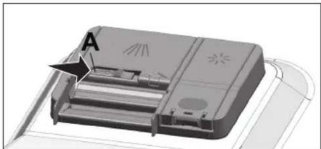3D model of a device casing with labeled component 'A' and a pencil inserted (no text or symbols on the object itself)