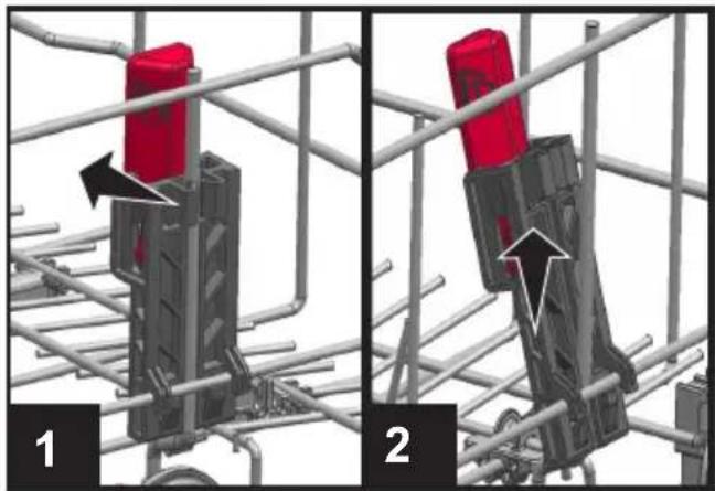 Two-panel diagram showing a red and black mechanical component mounted on scaffolding, with arrows indicating direction of movement (no text or symbols present)