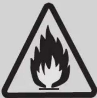 Warning sign depicting a flame symbol in a triangular frame, commonly used to indicate hazardous substances.