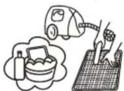 Illustration of a vacuum cleaner emitting smoke from a bowl, with a netting machine and a bag on a grid (no text or symbols)