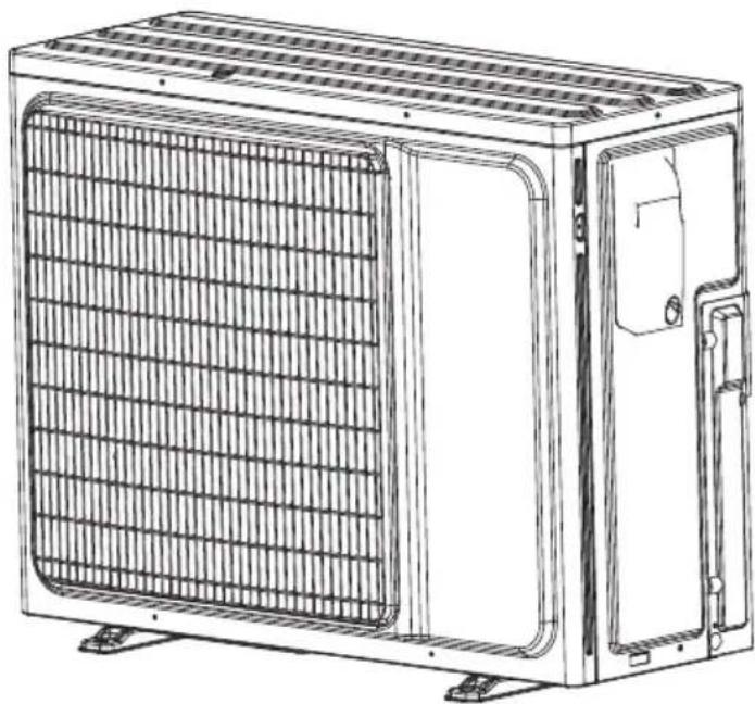 Line drawing of a modular air conditioning unit with mesh panel and side door (no text or symbols)
