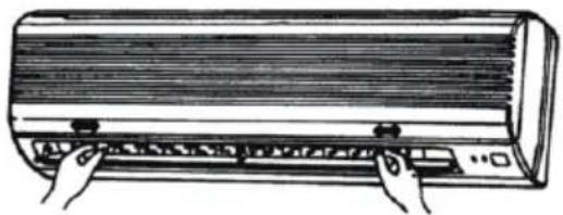 Illustration of a hand pressing down on a rack-mounted air conditioner (no text or symbols visible)