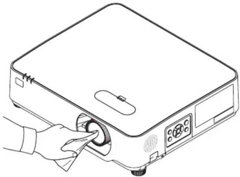 Line drawing of a projector with a hand inserting a button to the front panel (no text or symbols)