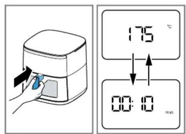 Diagram showing a hand pressing a device into a temperature display and reading time, with Chinese text labels.