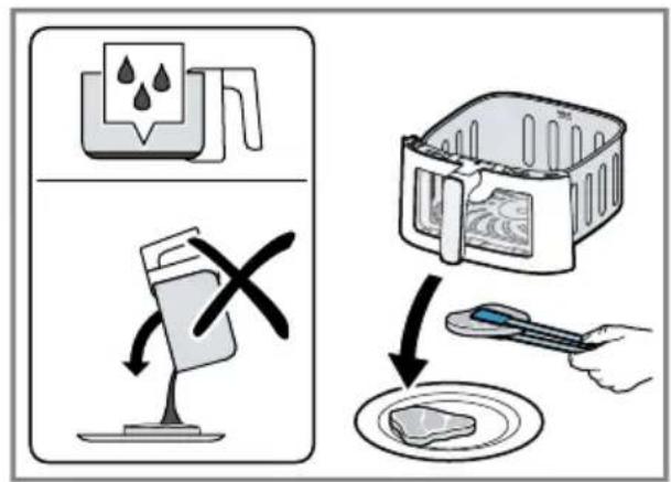 Diagram illustrating food preparation steps: dropping drop, lifting a plate, and using a grater with a knife.