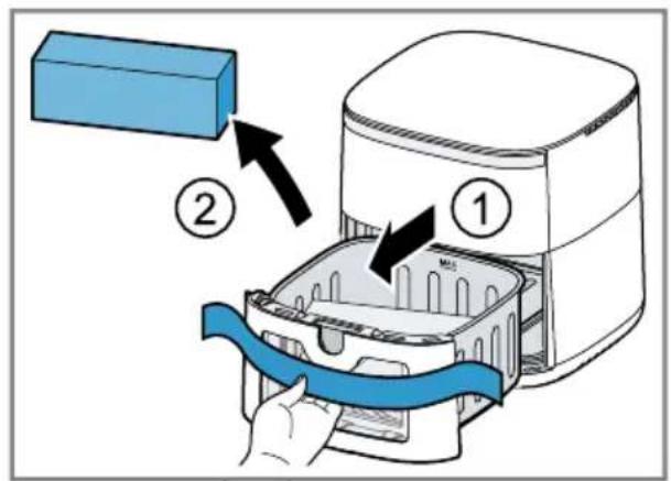 Diagram showing a blue rectangular object being inserted into an air fryer with labeled parts and directional arrows.