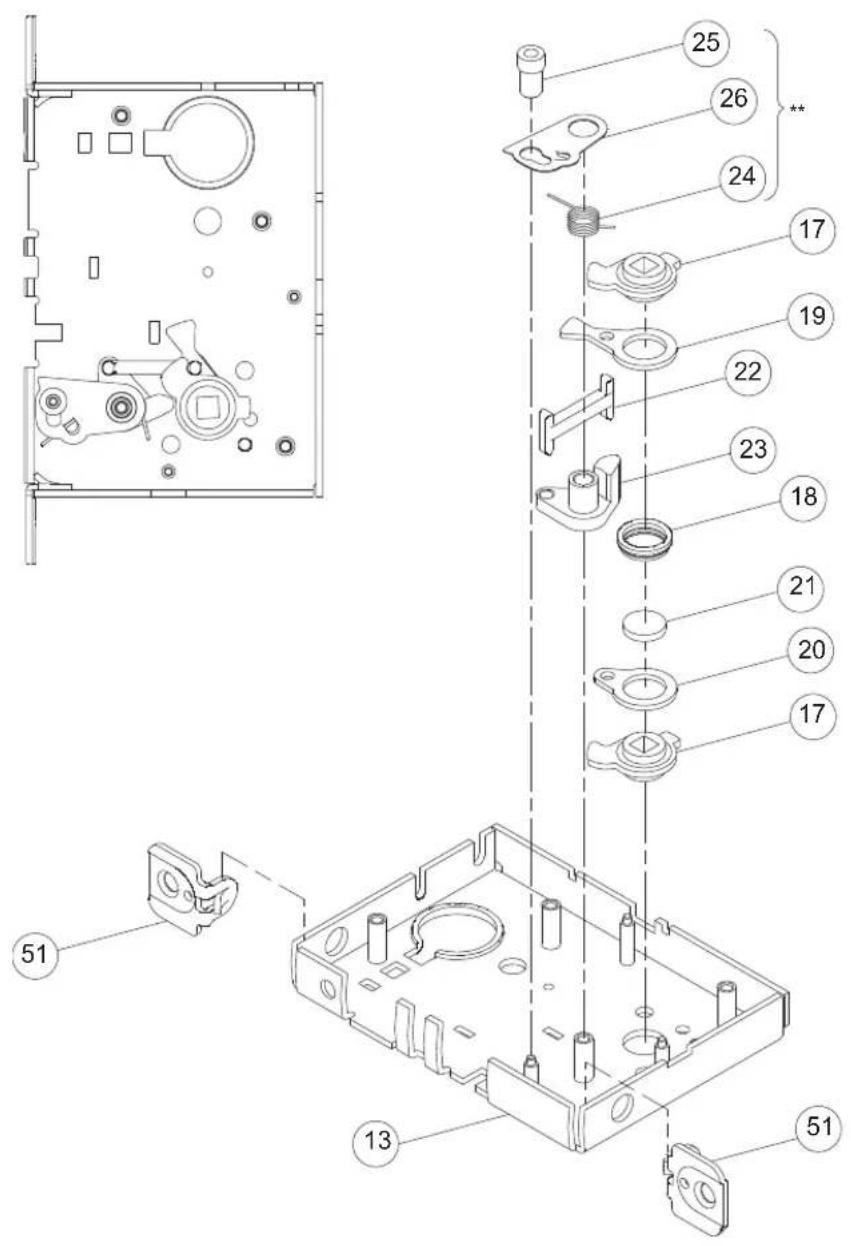 Exploded view diagram of a mechanical assembly with numbered parts and exploded view