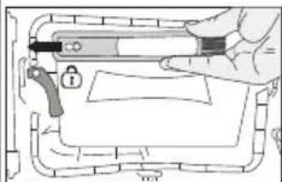 Diagram showing a hand holding a device with a lock and warning symbol, likely illustrating a safety or hazard detection mechanism.