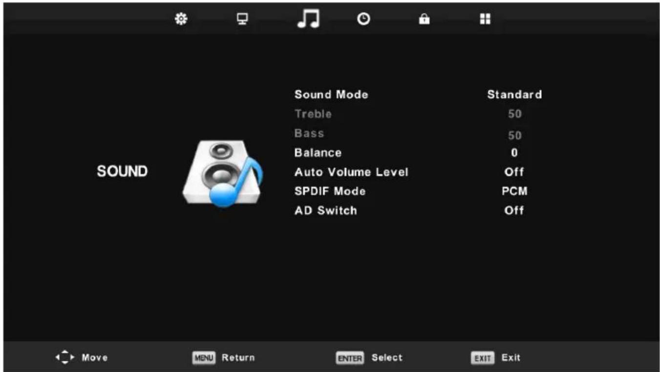 Sound Mode Treble Bass Balance Auto Volume Level SPDIF Mode AD Switch Standard 50 50 0 Off PCM Off