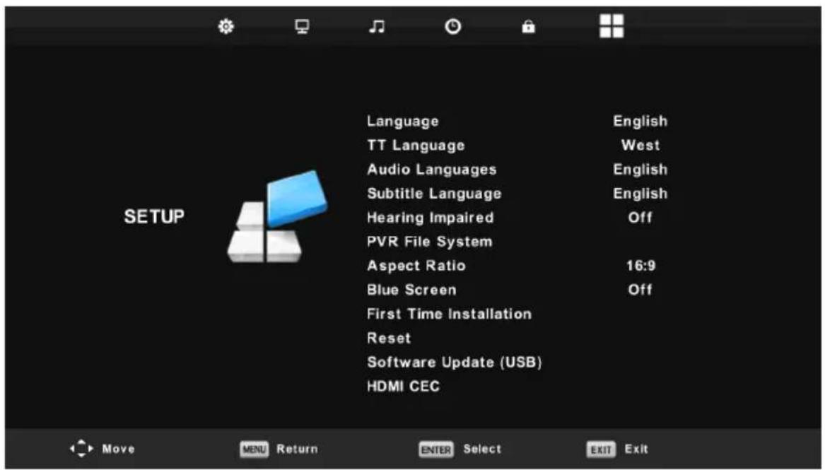 Language TT Language Audio Languages Subtitle Language Hearing Impaired PVR File System Aspect Ratio Blue Screen First Time Installation Reset Software Update (USB) HDMI CEC English West English English Off 16:9 Off SETUP Move MENU Return ENTER Select EXIT Exit