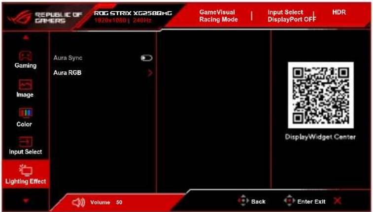 REPUBLIC OF CAMERS ROG STRIX XG2580HG 1920x1080 | 240Hz GameVisual Racing Mode Input Select DisplayPort OFF HDR Gaming Aura Sync Aura RGB DisplayWidget Center Image Color Input Select Lighting Effect Volume 50 Back Enter Exit