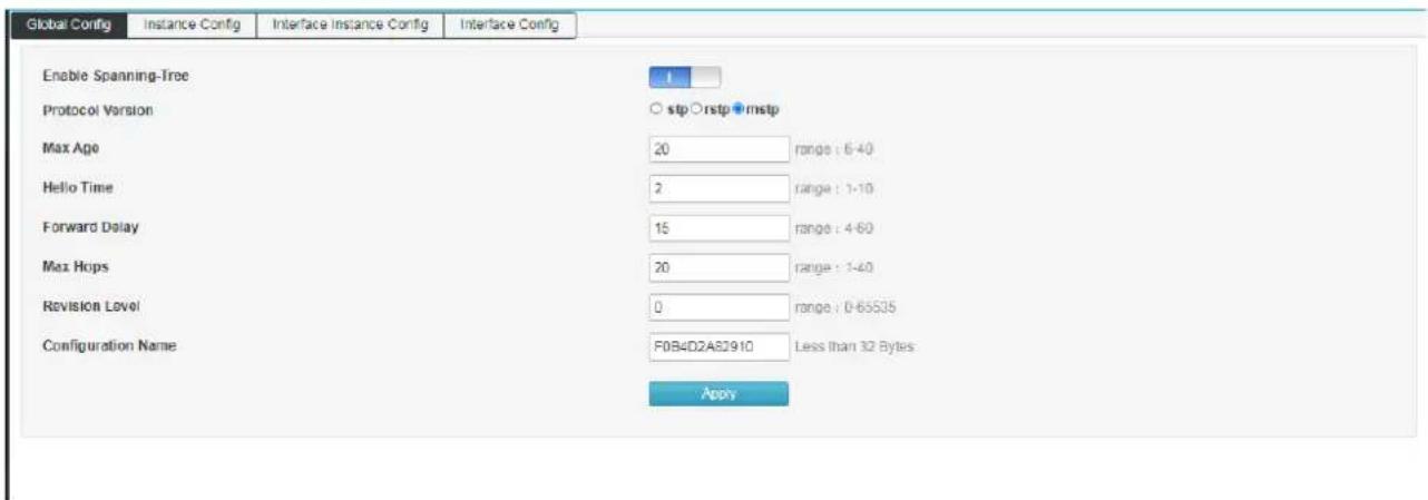 Global Config Instance Config Interface Instance Config Interface Config Enable Spanning-Tree Protocol Version Max Age range : 6-40 Hello Time range : 1-10 Forward Delay range : 4-60 Max Hops range : 1-40 Revision Level range : 0-65535 Configuration Name F0B4D2A82910 Less than 32 Bytes Apply