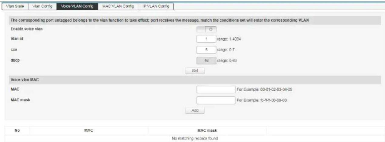Vlan Scale Vlan Config�ive VLAN Config MAC VLAN Config IP VLAN Config The corresponding port untagged belongs to the vlan function to take effect; port receives the message, match the conditions set will enter the corresponding VLAN Enable voice vlan Vlan id cos dscp Set Voice vlan MAC MAC For Examp…