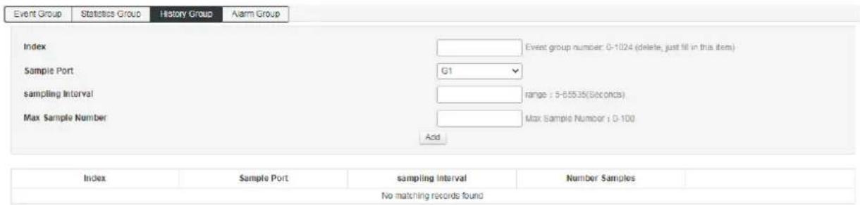 Event Group Statistics Group History Group Alarm Group Index Event group number: 0-1024 (delete, just fill in this item) Sample Port G1 sampling Interval range : 5-655.35(Seconds) Max Sample Number Max Sample Number : 0-100 Add Index Sample Port sampling Interval Number Samples No matching records f…
