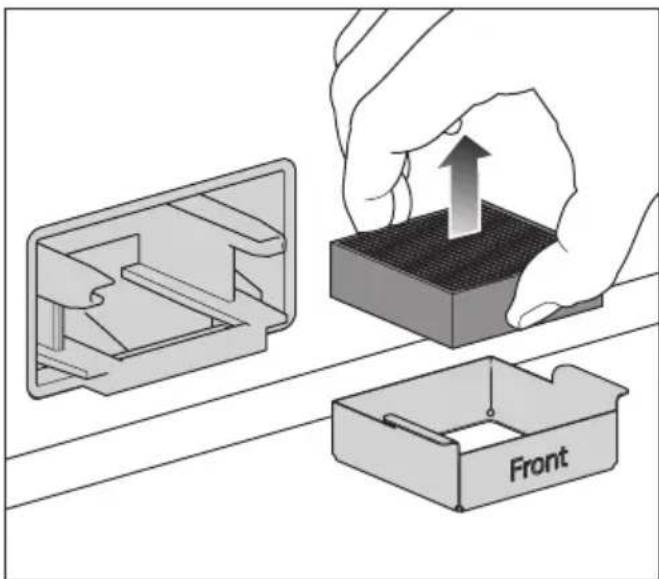 Diagram illustrating a mechanical assembly process with labeled components: front view and component assembly.