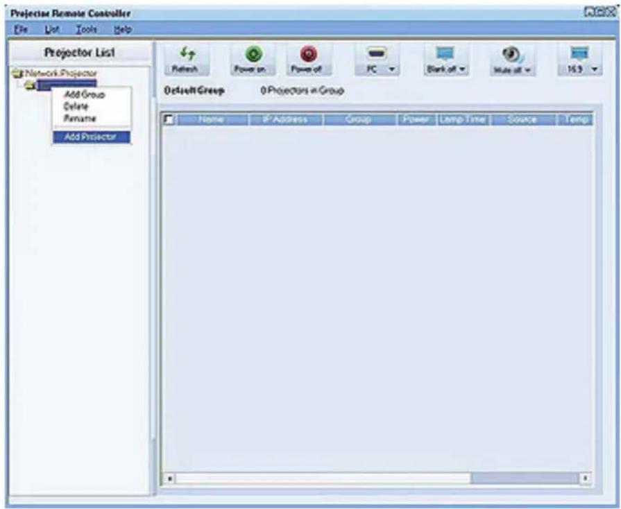 Projector Remote Controller File List Tools Help Projector List Network Projector Add Group Delete Rename Add Projector Pathush Power on Power off PC Bank off Make off 16.9 ActiveGroup 0 Projectors in Group Name IP Address Group Power Lamp Time Source Temp