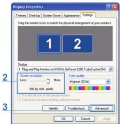 Display Properties Themes Desktop Screen Saver Appearance Settings Drag the monitor icons to match the physical arrangement of your monitors. 1 2 Display: 1. Plug and Play Monitor on NVIDIA GeForce 6200 TurboCache(TM) Screen resolution More Less 800 by 600 pixels Color quality Highest (32 bit) Use f…