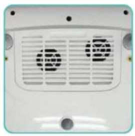 Front view of a white industrial air conditioner unit with ventilation grilles and mounting holes (no text or symbols visible)