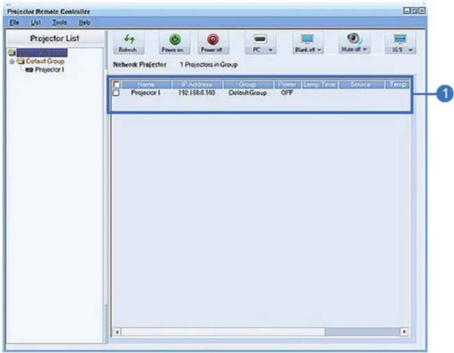 Projector Remote Controller File List Tools Help Projector List Default Group Projector I Network Projector 1 Projectors in Group Name IP Address Group Power Lamp Time Source Temp Projector I 192.158.0.100 DefaultGroup OFF 1