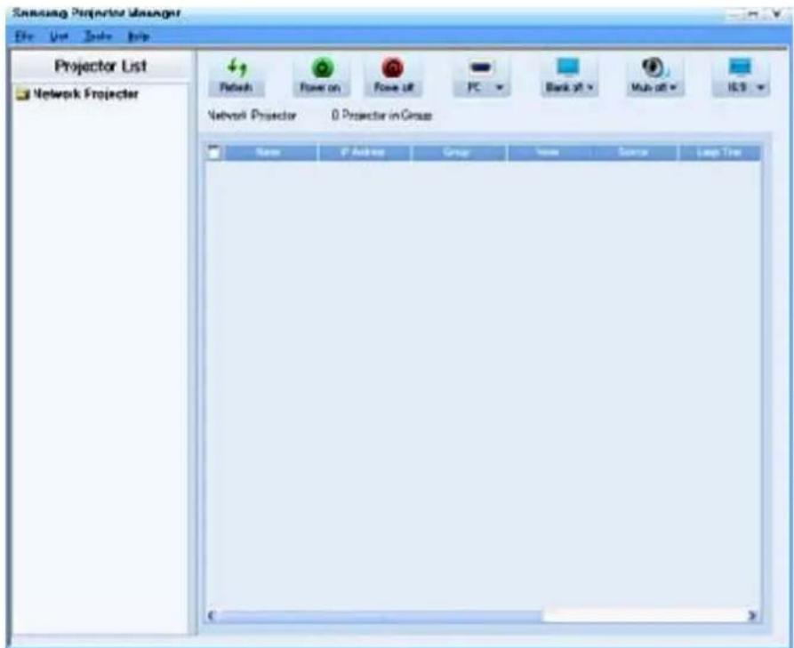 Samsung Projector Manager File Edit Tools Help Projector List Network Projector Network Projector 0 Projector in Group New F Address Group Home Source Loop Time