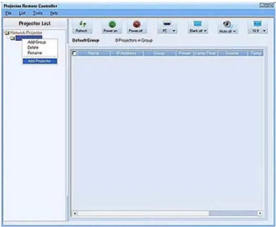 Projector Remote Controller File List Tools Help Projector List Network Projector Add Group Delete Rename Add Projector DefaultGroup 0 Projectors in Group Name 0 Address Group Power Lamp Time Source Lamp