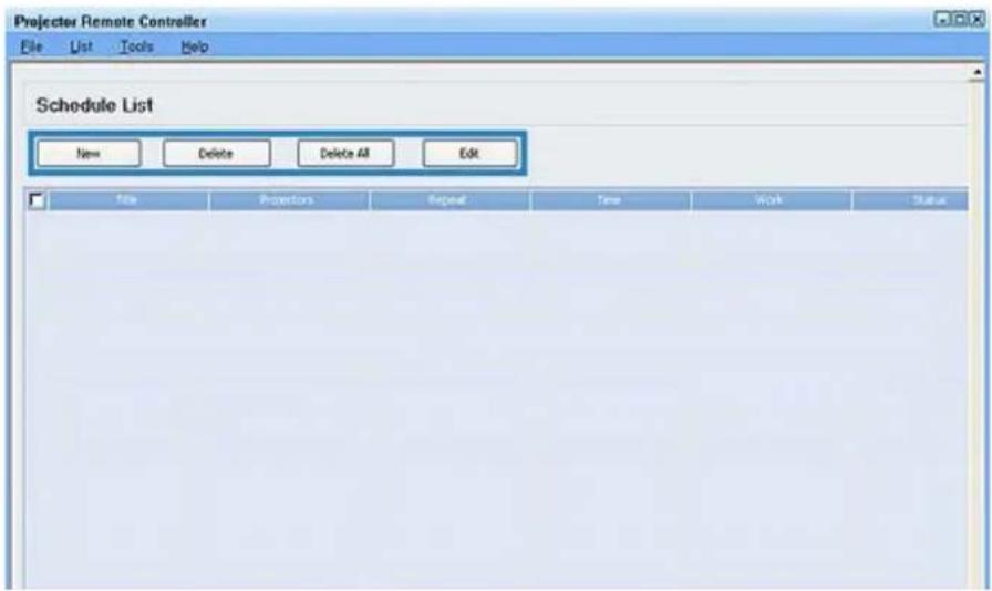 Projector Remote Controller File List Tools Help Schedule List New Delete Delete All Edit File Projections Repeat Time Work Status