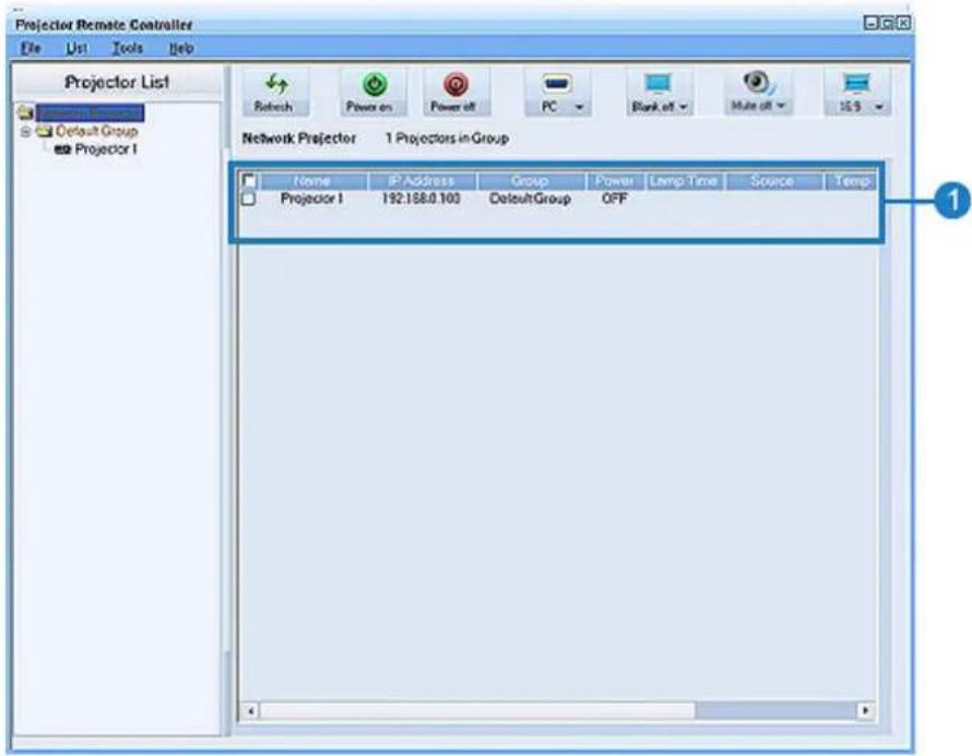 Projector Remote Controller File List Tools Help Projector List Default Group Projector I Network Projector 1 Projectors in Group Name IP Address Group Power Lamp Time Somce Temp Projector I 192.158.0.103 Default/Group OFF 1