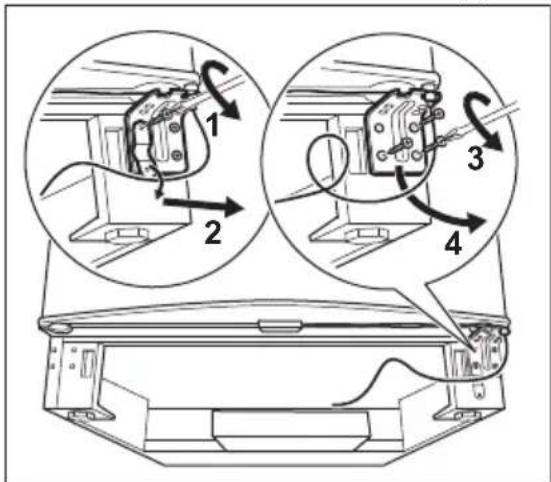 Technical diagram showing mechanical assembly steps with numbered instructions for turning and disassembly