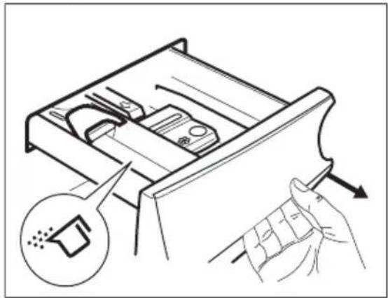 Line drawing of a hand inserting a device into a drawer with an arrow indicating motion (no text or symbols)