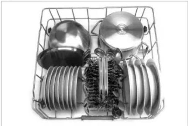 Top-down view of a metal basket containing various household appliances including a refrigerator, washing machine, and a showerhead (no text or symbols visible)