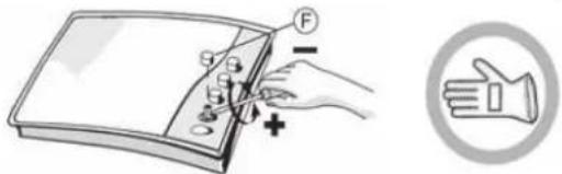Diagram illustrating a hand holding a device with force indicators and a hand gesture, alongside a circular icon labeled 'F' and a handshake symbol.