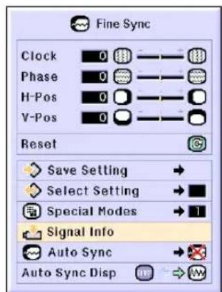 Fine Sync Clock 0 Phase 0 H-Pos 0 V-Pos 0 Reset Save Setting → Select Setting → ■ Special Modes → 1 Signal Info Auto Sync → Auto Sync Disp →