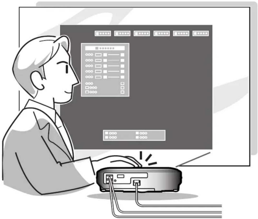 Illustration of a person using a computer with a control panel and connected devices, showing status indicators for access.